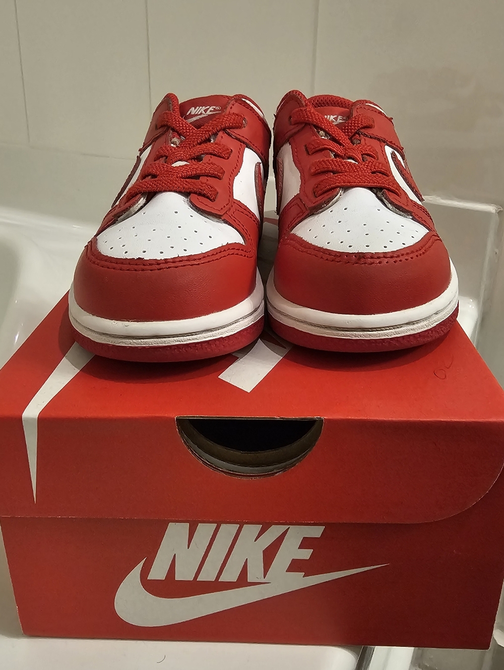 Nike Kids' Red and White Dunk Low Sneakers - Picture 2 of 5